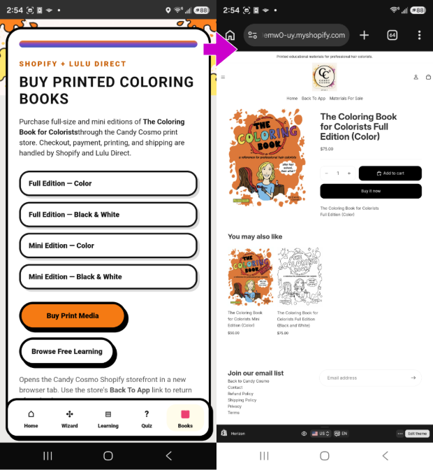 Candy Cosmo books section connected to a Shopify storefront for printed coloring books fulfilled through Lulu Direct