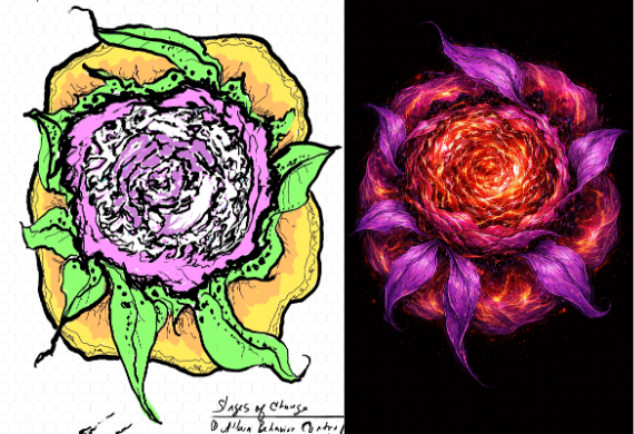 Hand-drawn flower artwork transformed into a glowing layered energy bloom