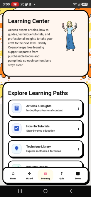 Candy Cosmo Learning Center showing articles, tutorials, technique resources, and professional education paths
