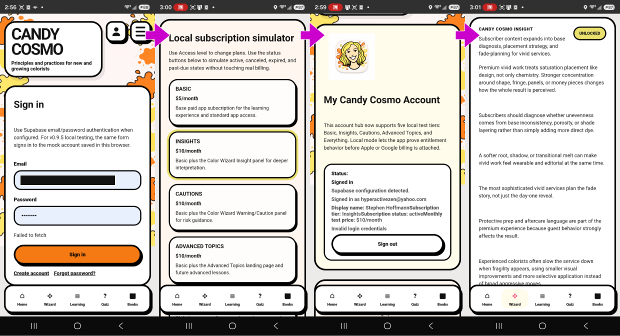 Candy Cosmo sign-in, subscription simulator, account status, and unlocked Insights content screens