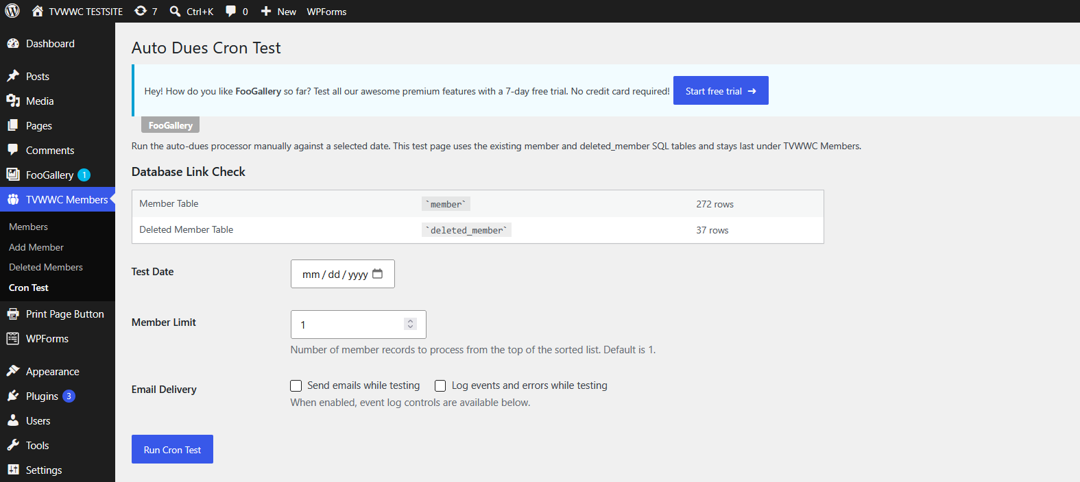 TVWWC Auto Dues Cron Test screen for automated dues, expiration, onboarding, email, and member processing