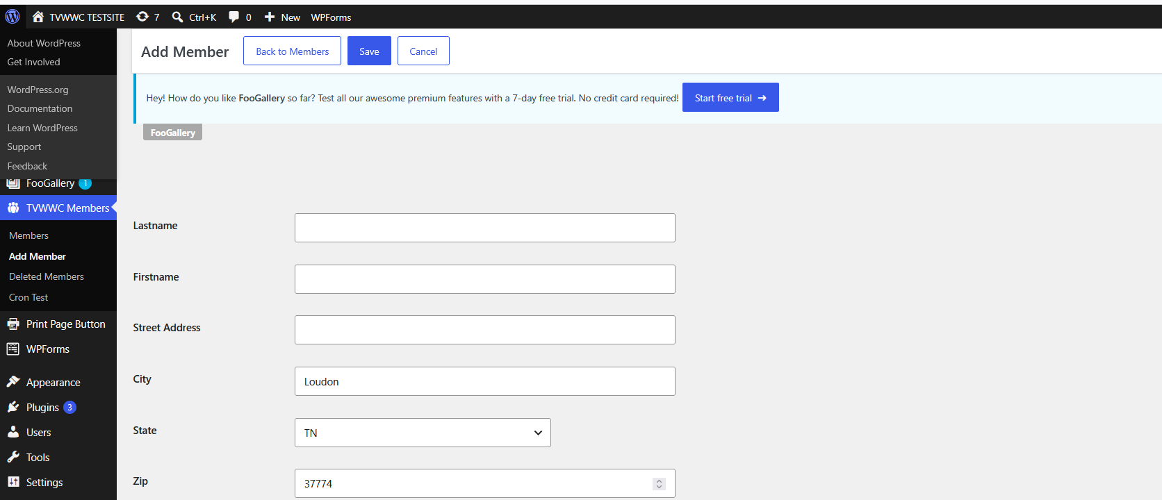 TVWWC Members Add Member form with simplified fields and save controls inside WordPress