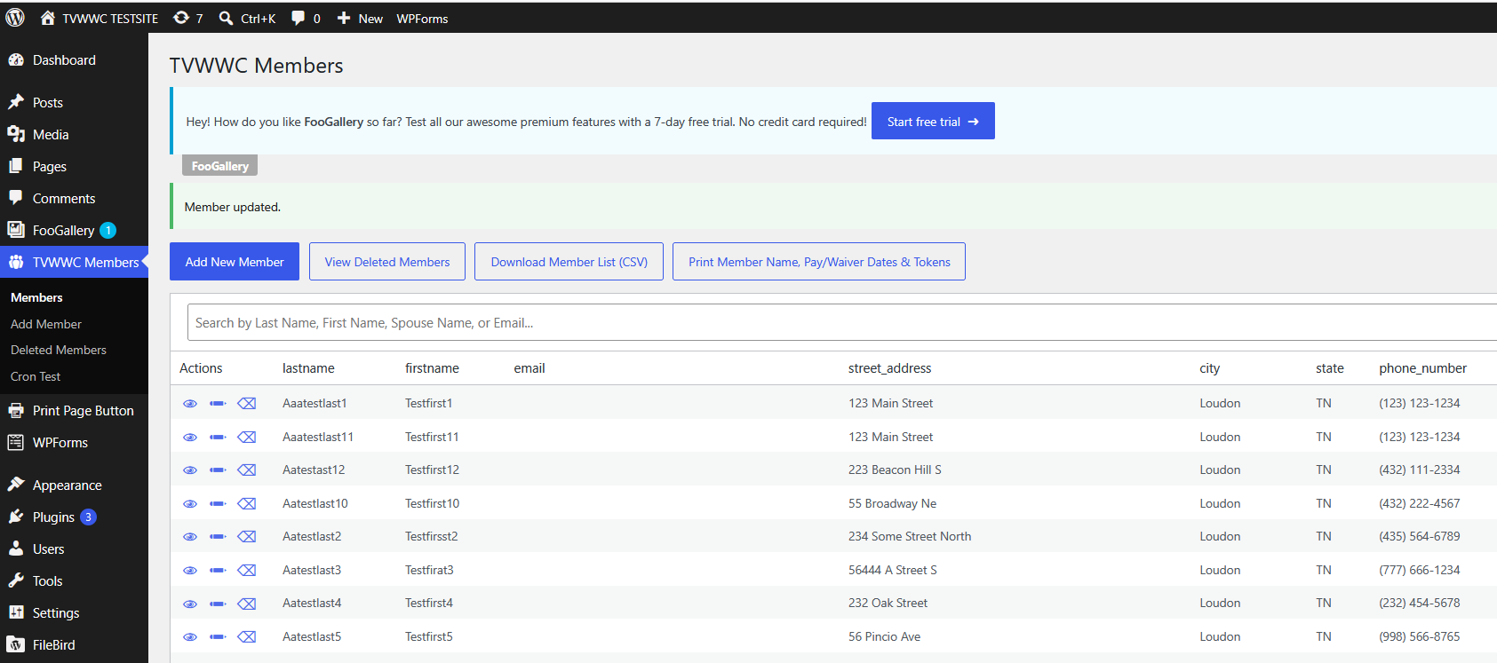 WordPress TVWWC Members administration page showing a simplified searchable member database