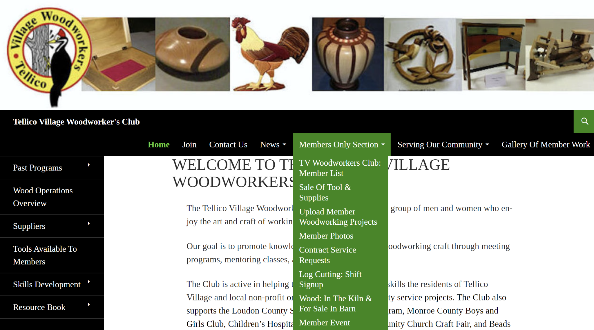 Tellico Village Woodworkers Club website showing the Members Only protected-content navigation area