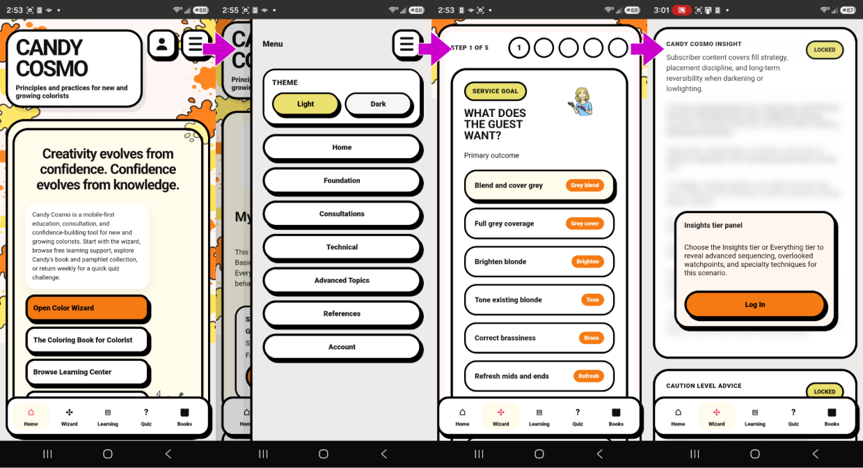 Candy Cosmo screens showing the application home, menu, Color Wizard selections, and locked subscriber-only insights